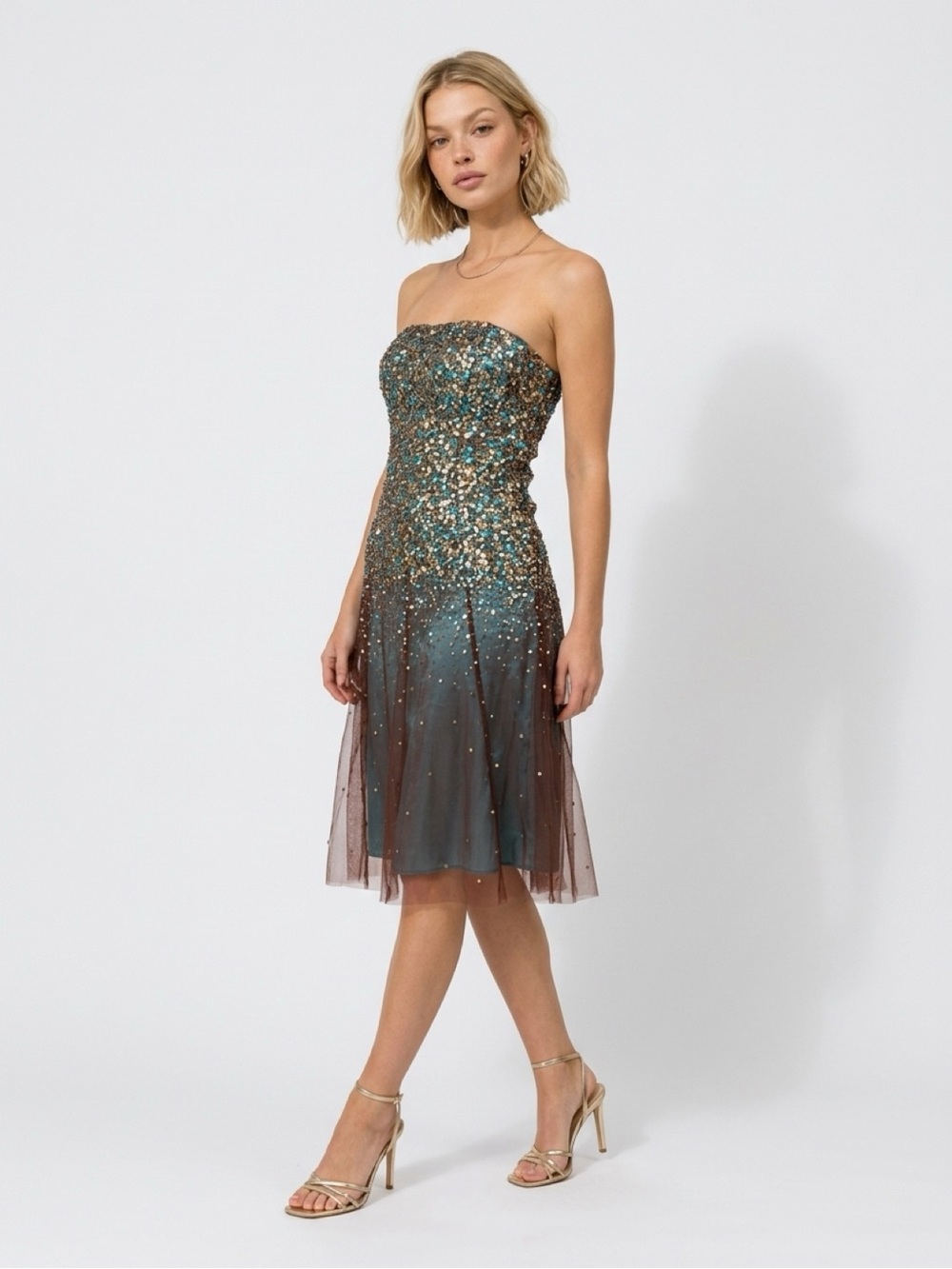 Scala Teal and Brown Strapless Sequin Cocktail Dress